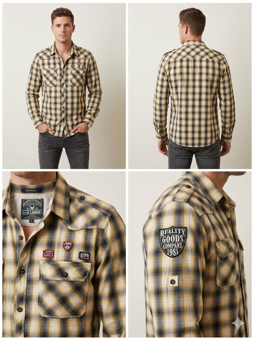 Men's Casual Yellow Plaid Button-Down Shirt 100% Cotton